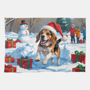 Beagle Weihnachtsfestliche Schneeszene Geschirrtuch