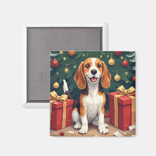 Beagle Weihnachtsmorgen-Geschenk-Auspacken Malerei Magnet