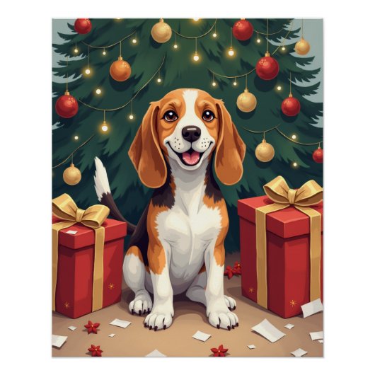 Beagle-Weihnachtsmorgen-Geschenk-Auspacken-Malerei Poster (Vorderseite)