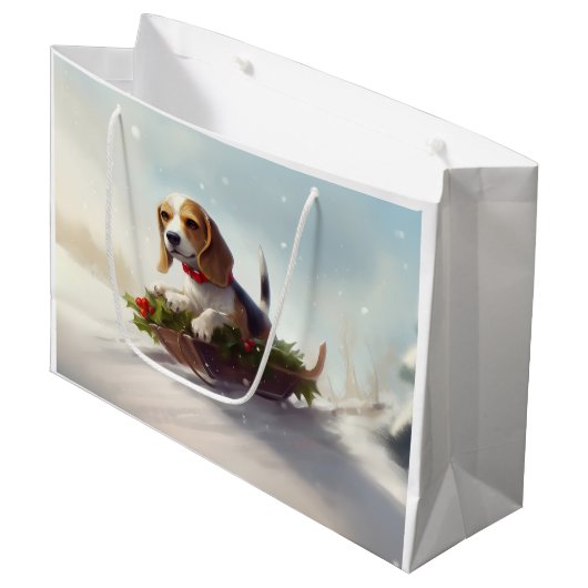 Beagle Weihnachtsschnee im Winter Große Geschenktüte (Vorderseite Schrägansicht)