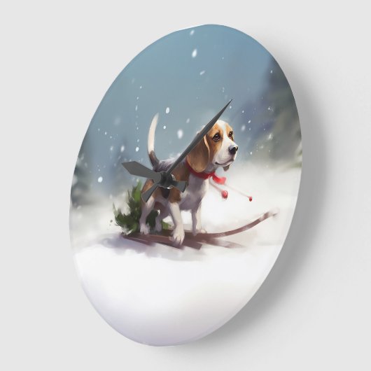 Beagle Weihnachtsschnee im Winter Große Wanduhr (Winkel)