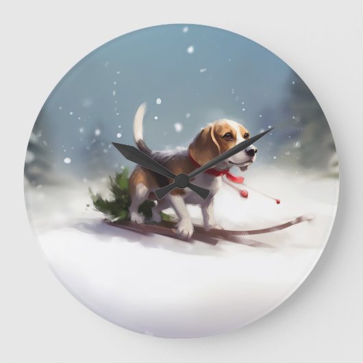 Beagle Weihnachtsschnee im Winter Große Wanduhr (Vorderseite)