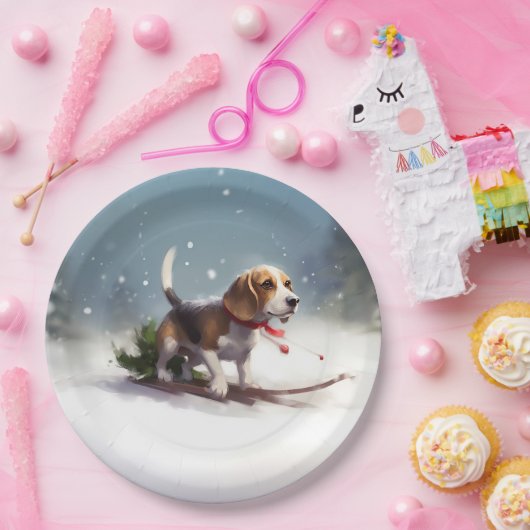 Beagle Weihnachtsschnee im Winter Pappteller (Party)