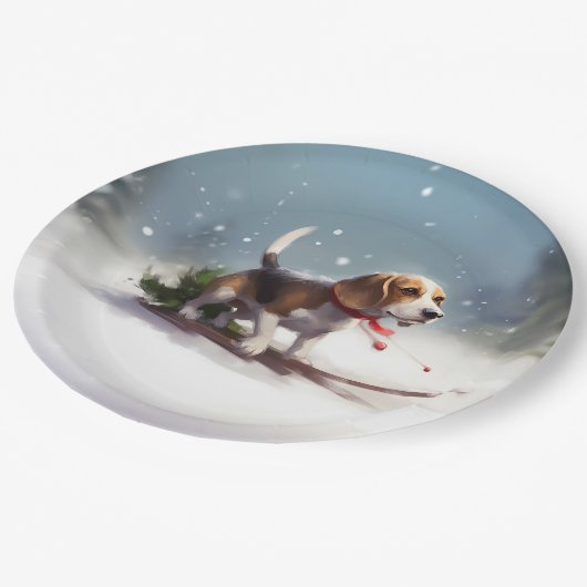 Beagle Weihnachtsschnee im Winter Pappteller (Schrägansicht)