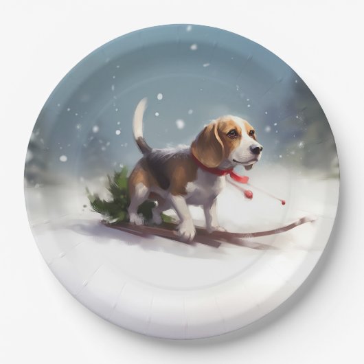 Beagle Weihnachtsschnee im Winter Pappteller (Vorderseite)