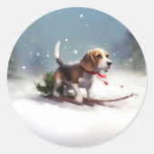 Beagle Weihnachtsschnee im Winter Runder Aufkleber (Vorderseite)