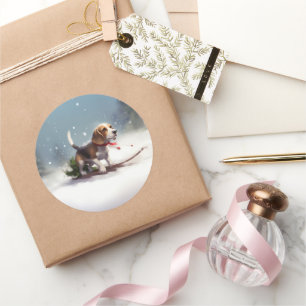 Beagle Weihnachtsschnee im Winter Runder Aufkleber