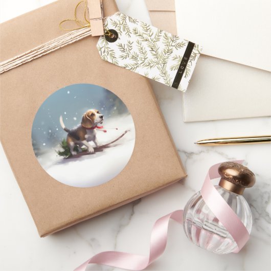 Beagle Weihnachtsschnee im Winter Runder Aufkleber (Schenken)