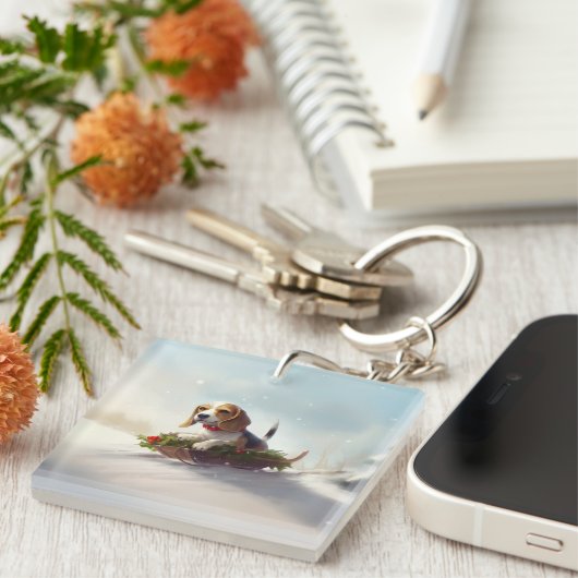 Beagle Weihnachtsschnee im Winter Schlüsselanhänger (Vorderseite rechts)