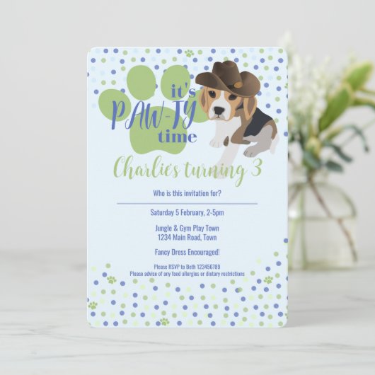 Beagle Welpe Dog Blue Kindergeburtstag Einladung (Stehend Vorderseite)