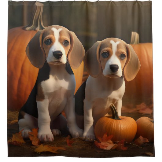 Beagle Welpe Herbst Kürbis Duschvorhang (Vorderseite)