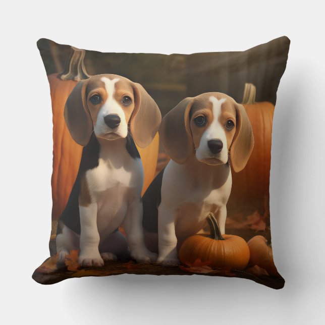 Beagle Welpe Herbst Kürbis Kissen (Vorderseite)