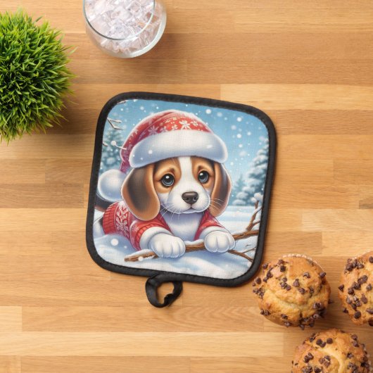 Beagle Welpe im Weihnachtsgeschäft geniessen den S Topflappen (Oben Unten)