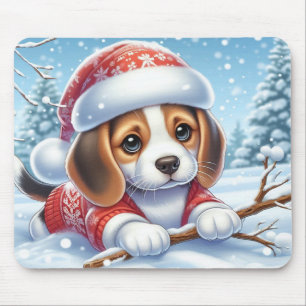 Beagle-Welpe im Weihnachtsoutfit genießt den Schne Mousepad