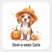 Beagle Welpe in Kürbishut Halloween Wasserfarbe Quadratischer Aufkleber (Vorderseite)