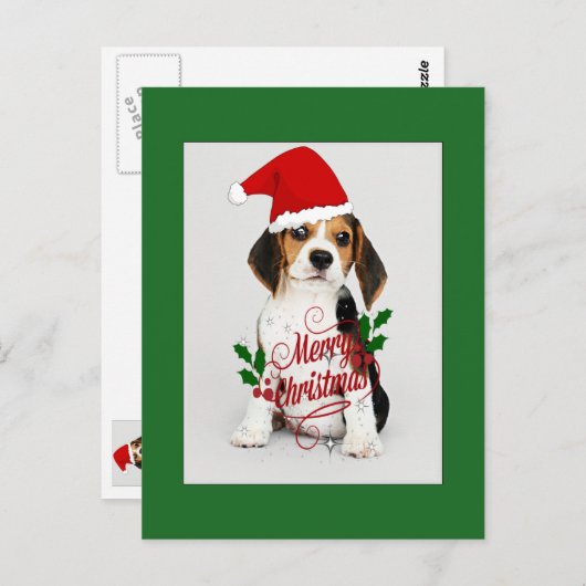 Beagle Welpe in Weihnachtsmannmütze - Frohe Weihna Postkarte (Vorne/Hinten)