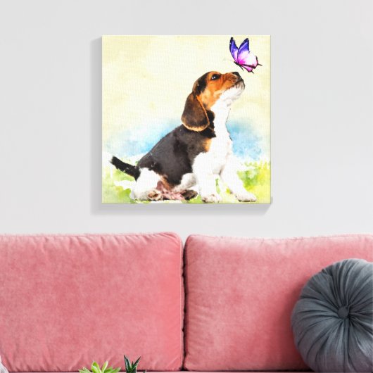 Beagle Welpe mit Schmetterling Leinwanddruck (Insitu (Wohnzimmer))