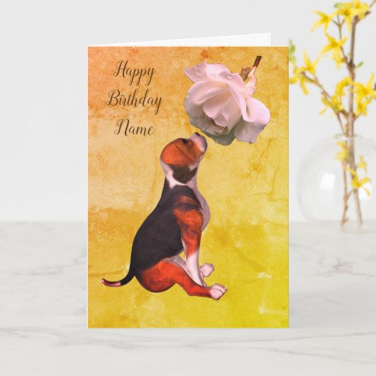 Beagle Welpe Rose Personalisierter Geburtstag Karte (Gelbe Blume)