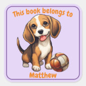 Beagle Welpe "This Book Belongs" Buchzeichen Quadratischer Aufkleber (Vorderseite)