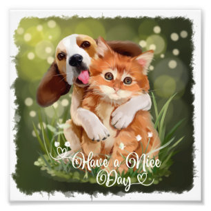 Beagle Welpe umarmt ein Ingwer-Kätzchen Fotodruck