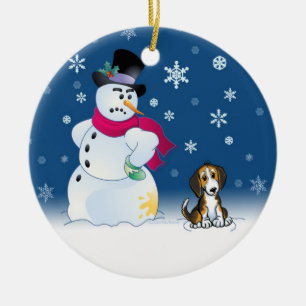 Beagle-Welpe und Snowman-Verzierung Keramikornament