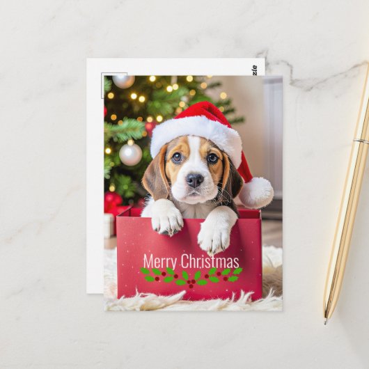 Beagle-Welpe Weihnachtsdesign, Postkarte (Vorderseite/Rückseite Beispiel)