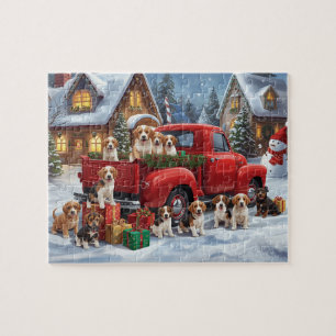 Beagle-Welpen Rote LKW Weihnachten Schnee Szene Puzzle