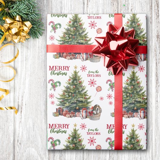 Beagle Welpenhund unter dem Weihnachtsbaum Geschenkpapier