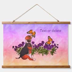 Beagle Welpenschmetterlinge und Blume Personalisie Wandteppich Mit Holzrahmen
