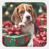 Beagle Wrapping Gifts Christmas Painting Quadratischer Aufkleber (Vorderseite)
