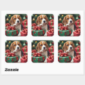 Beagle Wrapping Gifts Christmas Painting Quadratischer Aufkleber (Blatt)