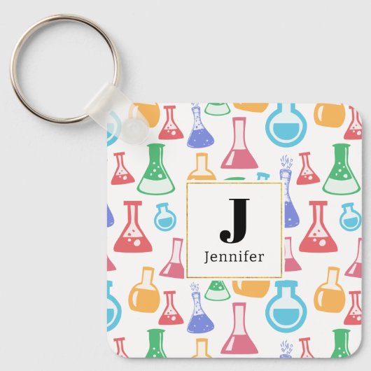 Beakers and Flask Fun Science Pattern Monogram Schlüsselanhänger (Vorderseite)