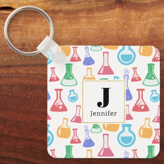 Beakers and Flask Fun Science Pattern Monogram Schlüsselanhänger (Vorderseite)