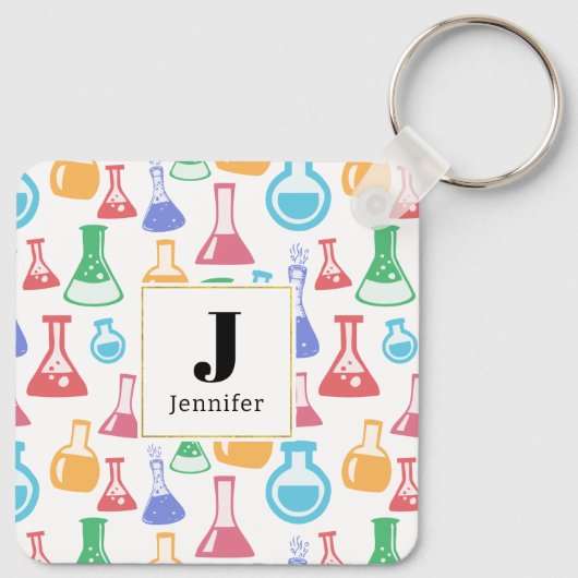 Beakers and Flask Fun Science Pattern Monogram Schlüsselanhänger (Rückseite)