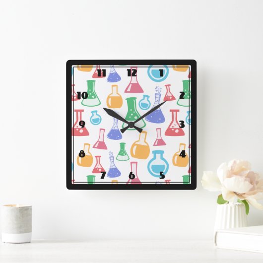 Beakers and Flask Fun Science Pattern Quadratische Wanduhr (Zuhause)