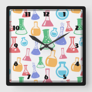 Beakers and Flask Fun Science Pattern Quadratische Wanduhr