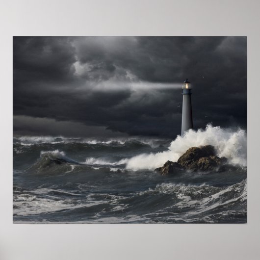 Beam of Light Shining into Stormy Ocean Poster (Vorne)
