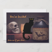 Beängstigend Black Cat n Skull Halloween Geburtsta Einladung (Vorderseite)