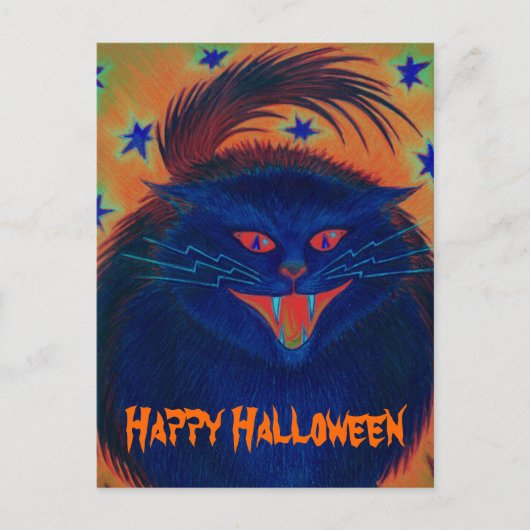 Beängstigend Cat Blue Postkarte "Happy Halloween" (Vorderseite)