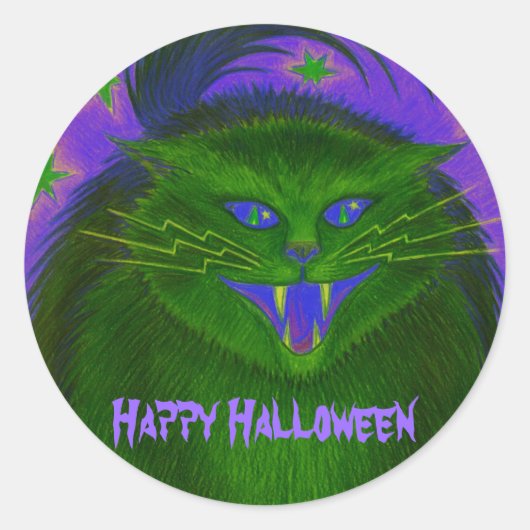 Beängstigend Cat Green 'Happy Halloween' Aufkleber (Vorderseite)