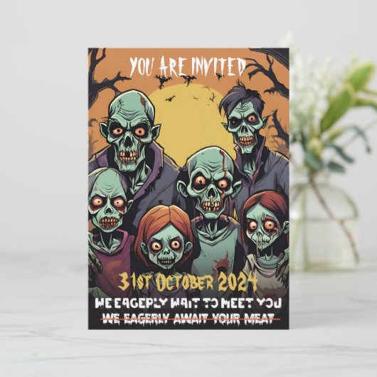 Beängstigend Funny Zombie Family Halloween-Party Einladung (Stehend Vorderseite)