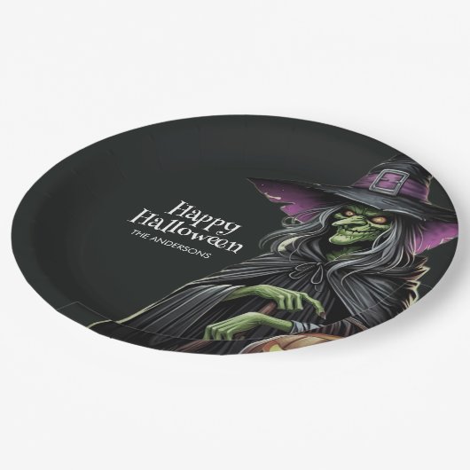 Beängstigend-Hexe-Themed Halloween Pappteller (Schrägansicht)