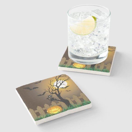 Beängstigende Halloween-Gartenlandschaft Steinuntersetzer (Seitenansicht)