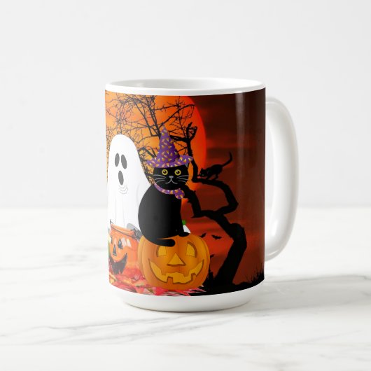 Beängstigende Halloween-Geist und Schwarze Katze Kaffeetasse (VorderseiteRechts)