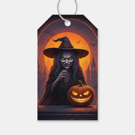 Beängstigende Halloween Hexe und Crazy Smile Pumpk Geschenkanhänger (Vorderseite)