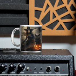 Beängstigende Halloween-Kürbis, Schwarze Katzen un Kaffeetasse