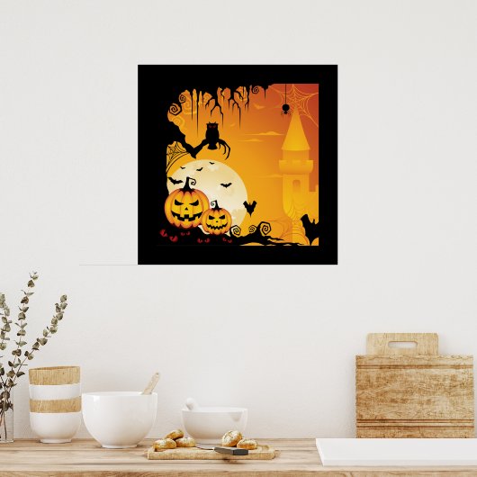 Beängstigende Halloween-Kürbis und Vollmond Poster (Küche)