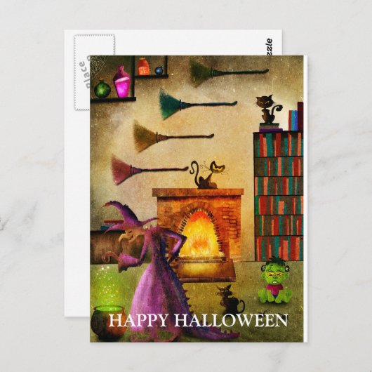 Beängstigende Halloween-Nacht mit Hexe Postkarte (Vorne/Hinten)