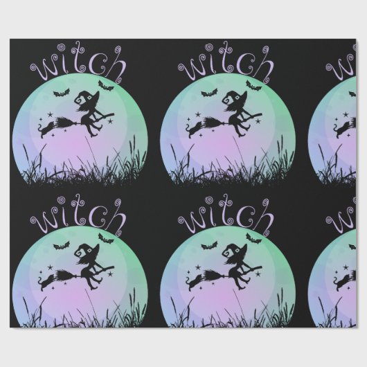 Beängstigende Hexe auf einem Besenstiel mit Katze Geschenkpapier (Flach)