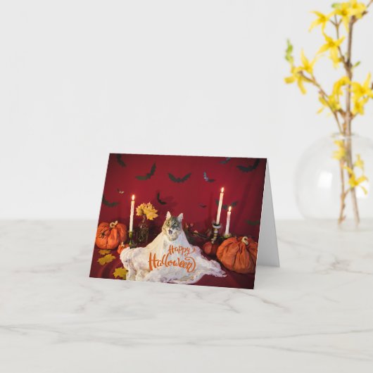 Beängstigende Katze im sonnigen Halloween-Kostüm Karte (Gelbe Blume)